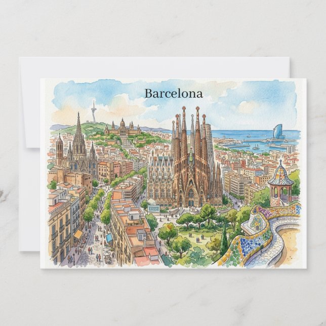 Carte Illustration aquarelle du paysage urbain de Barcel (Devant)
