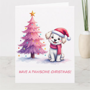 Carte Illustration Bichon Frisé dans le chapeau rose du