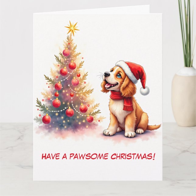 Carte Illustration Cocker Spaniel et Arbre de Noël (Devant)