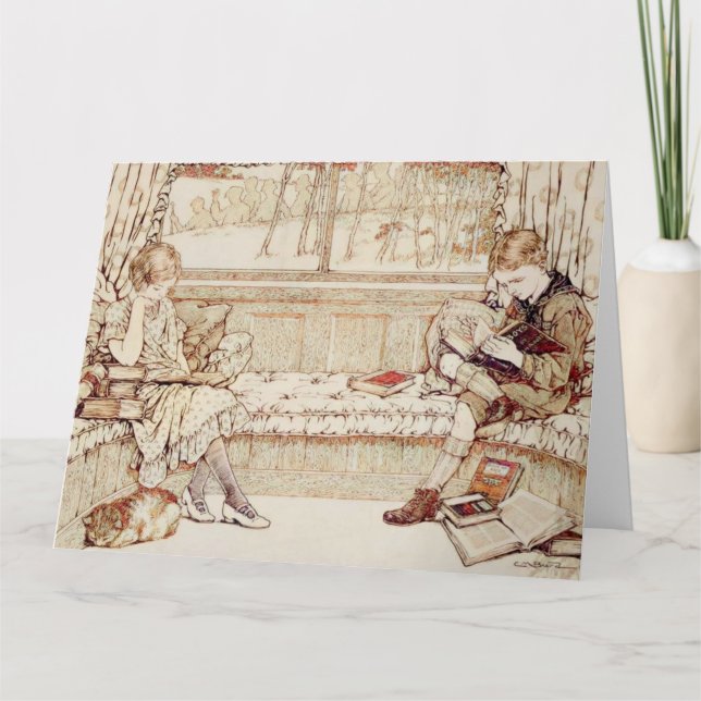 Carte Illustration cosy d'enfants vintage lisant (Devant)