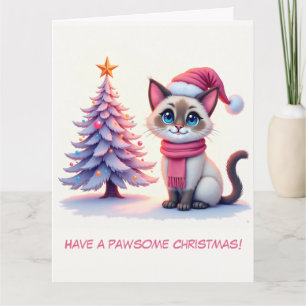 Carte Illustration Cute Siamese Chat et Arbre de Noël