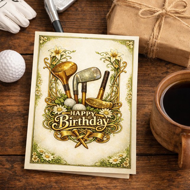Carte Illustration d'anniversaire de golf antique doré (Créateur téléchargé)