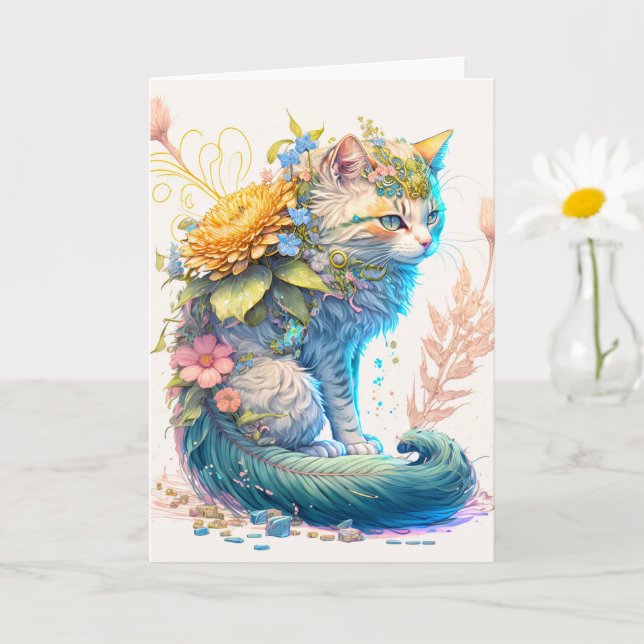 Carte Illustration de chat Kitty Majestueuse Artistique (Petite plante)