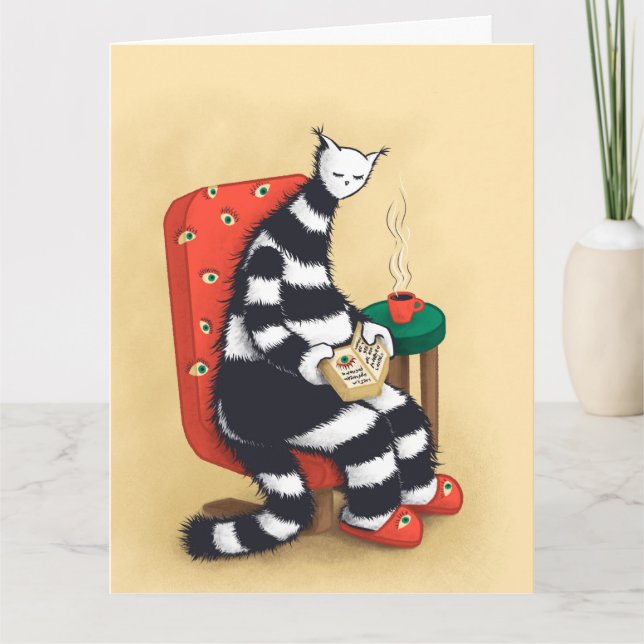 Carte Illustration de chat lisant Ambiance douillette de (Devant)