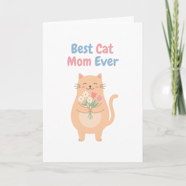 Carte Illustration de chat pêche mignon tenant des fleur (Devant)