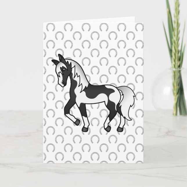 Carte Illustration de cheval trottant Pinto noir de dess (Devant)