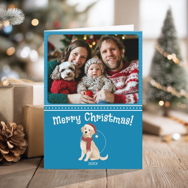 Carte Illustration de chien bleu Famille Photo Joyeux No (Blue Dog Illustration Family Photo Merry Christmas Card)