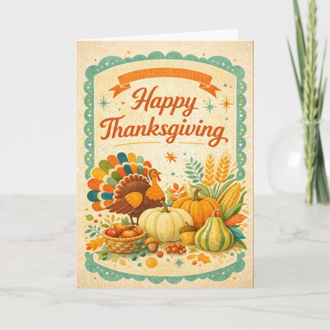 Carte Illustration de dinde de Thanksgiving d'art folklo (Devant)