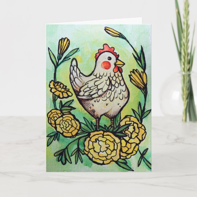 Carte Illustration de fleurs et de poulets Poules        (Devant)