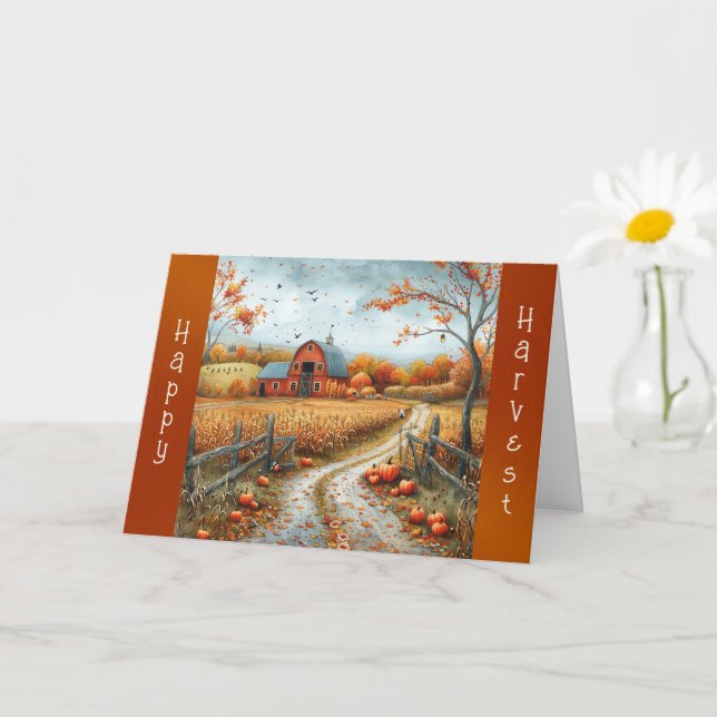Carte Illustration de grange rouge rustique d'automne po (Petite plante)