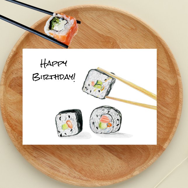 Carte Illustration de l'anniversaire joyeux de Sushi Rol (Celebrate with a splash of color! Our Sushi Colored Pencil Drawing Birthday Card.)