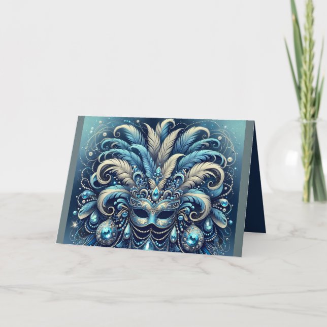 Carte Illustration de masque de bal masqué à plume bleue (Devant)