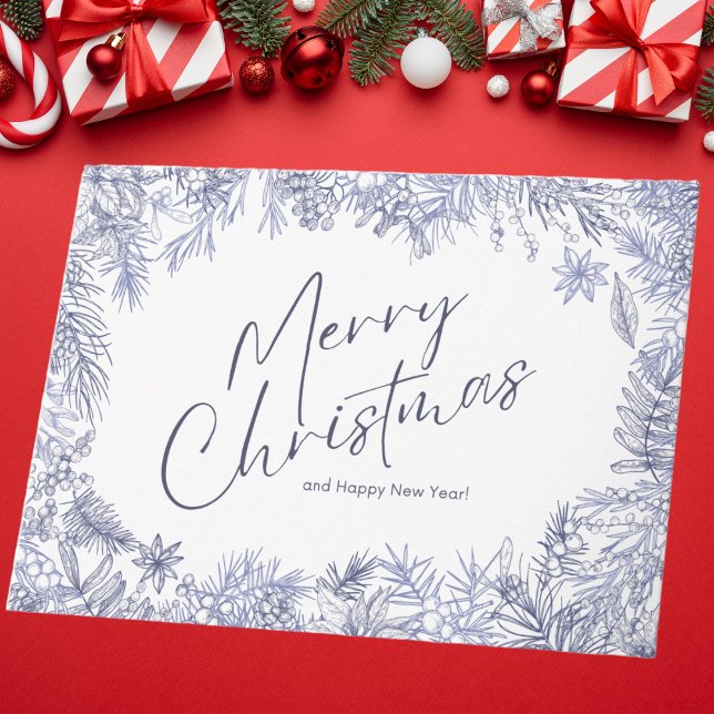 Carte Illustration de Noël Joyeux Bleu Botanique (Créateur téléchargé)