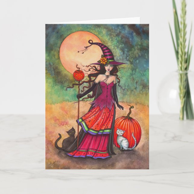 Carte Illustration de sorcière et de chats pour Hallowee (Devant)