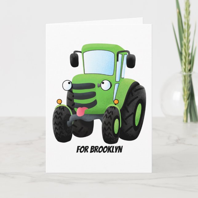 Carte Illustration du joli joyeux tracteur agricole vert (Devant)