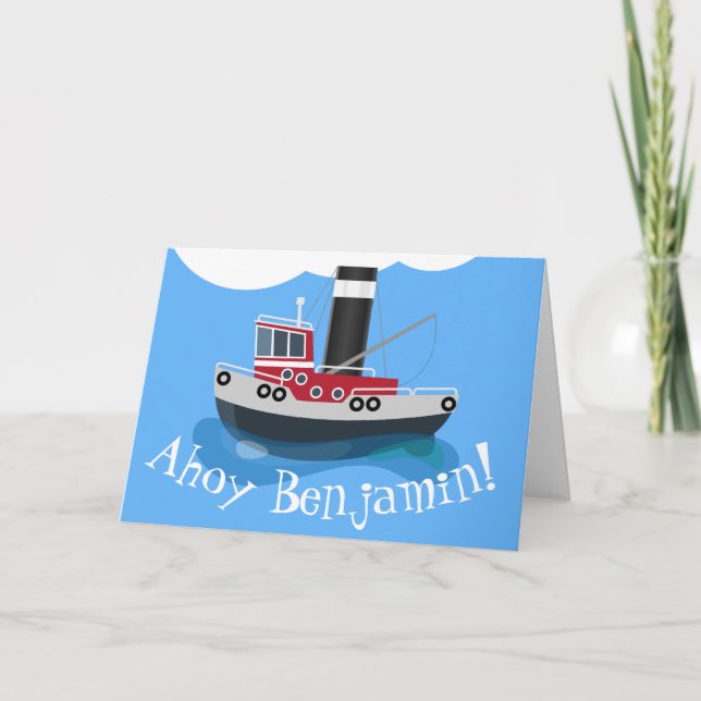 Carte Illustration d'un bateau à chalutier mignon (Devant)