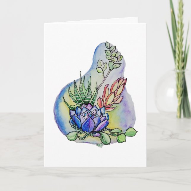 Carte Illustration d'un bouquet de succulentes à l'aquar (Devant)