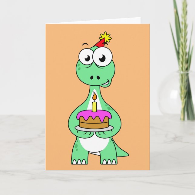 Carte Illustration d'un Brontosaurus avec gâteau d'anniv (Devant)