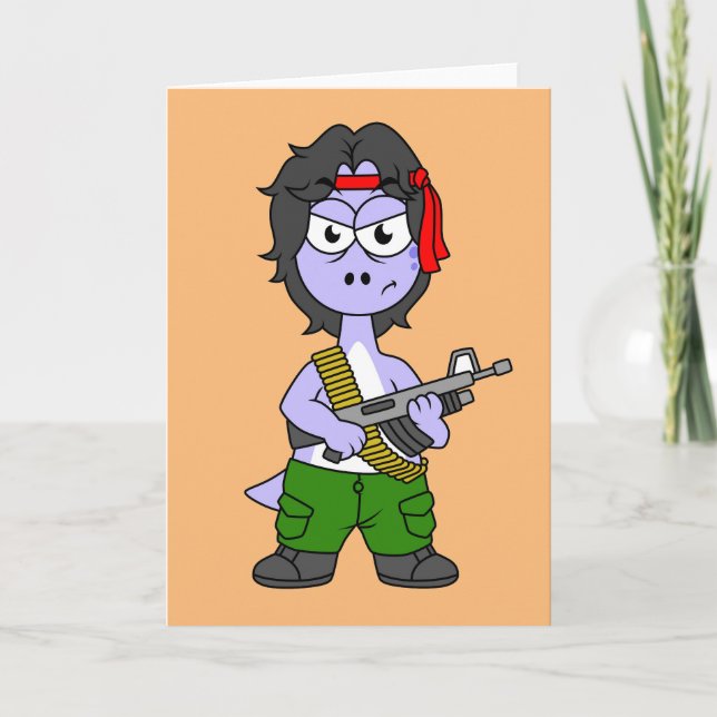 Carte Illustration D'Un Brontosaurus Habillé En Rambo. (Devant)