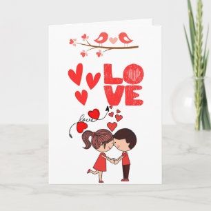 Carte Illustration d'un couple mignon avec des cœurs 