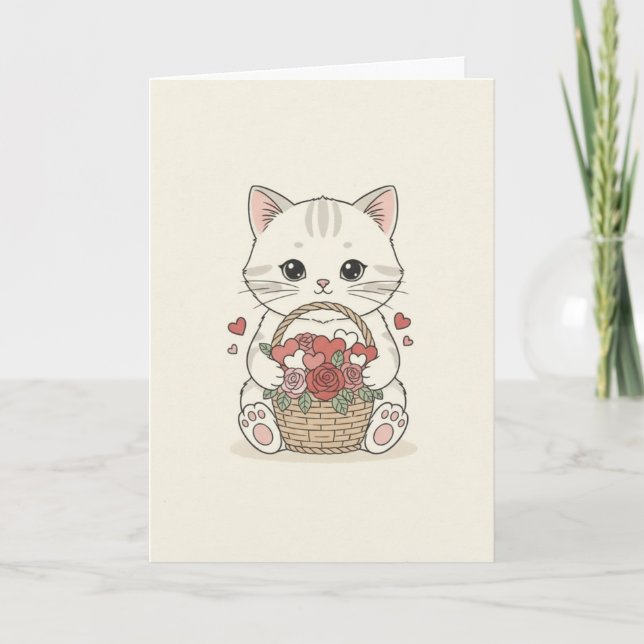 Carte Illustration d'un panier en forme de cœur rose ave (Devant)