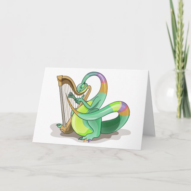 Carte Illustration D'Un Plateosaure Jouant De La Harpe. (Devant)