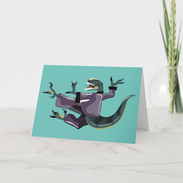 Carte Illustration D'Un Rapteur Qui Fait Du Karaté. (Devant)