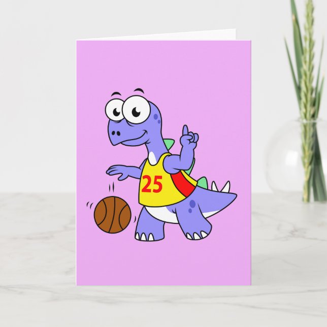 Carte Illustration D'Un Stegosaurus Jouant Au Basket. (Devant)