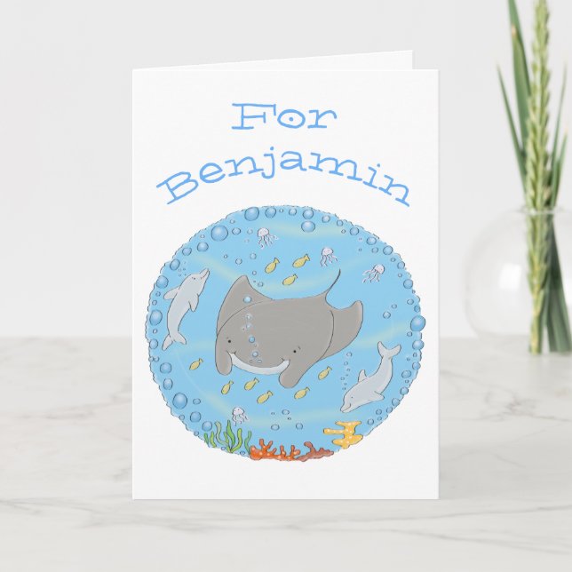 Carte Illustration d'une mignonne raie manta et de dauph (Devant)