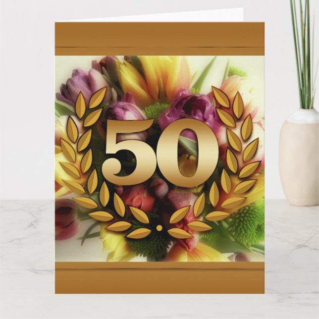 Carte illustration florale du 50e anniversaire cadre dor (Devant)
