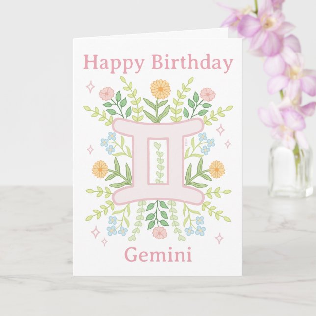 Carte Illustration florale Joyeux Anniversaire Gémeaux (Orchidée)