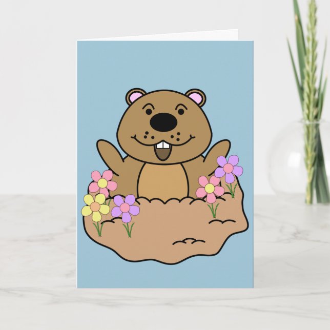 Carte Illustration Groundhog avec des fleurs (Devant)