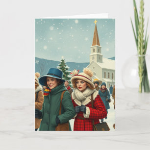 Carte Illustration vintage Personnes quittant l'église H