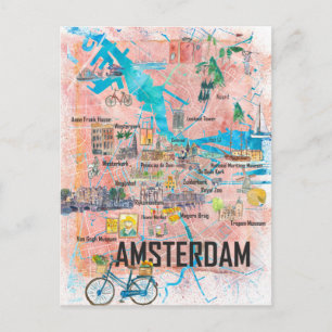 Carte illustrée d'Amsterdam Pays-Bas avec routes