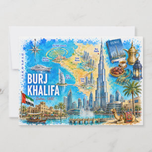 Carte illustrée de Dubaï ÉAU avec Burj Khalifa sur