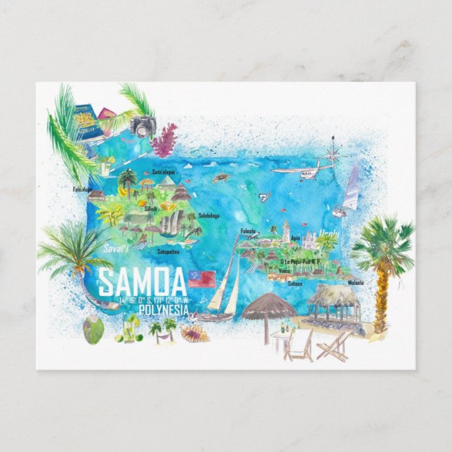 Carte illustrée de l'île de voyage de Samoa (Devant)