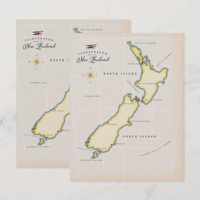 Carte illustrée de Nouvelle-Zélande (Devant / Derrière)