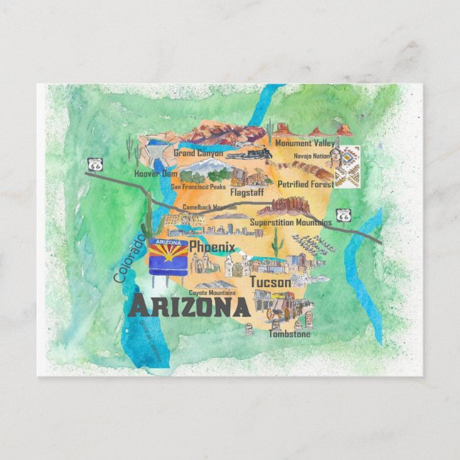 Carte illustrée de voyage de l'État de l'Arizona a (Devant)