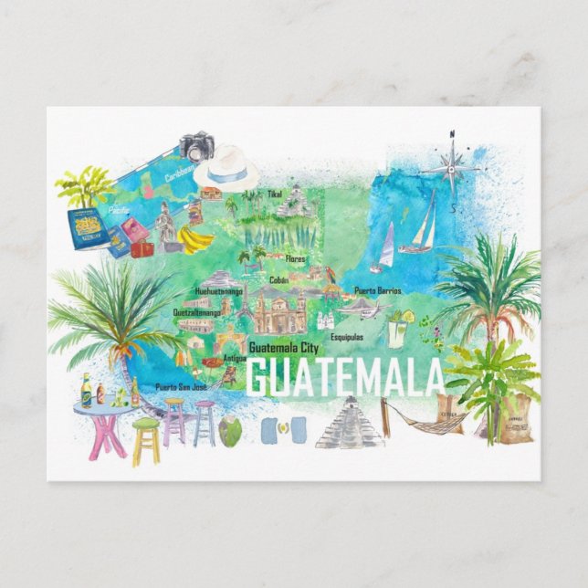 Carte illustrée de voyage du Guatemala avec des ro (Devant)