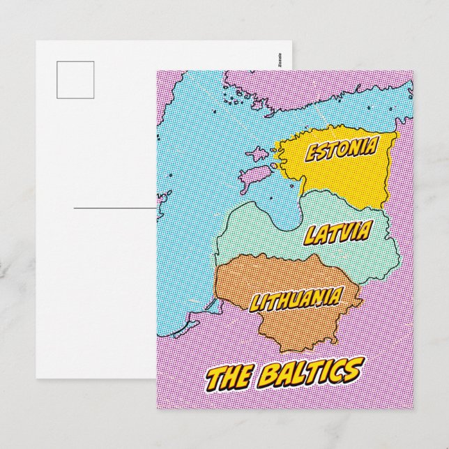 Carte illustrée des États baltes dans le style Pop (Devant / Derrière)