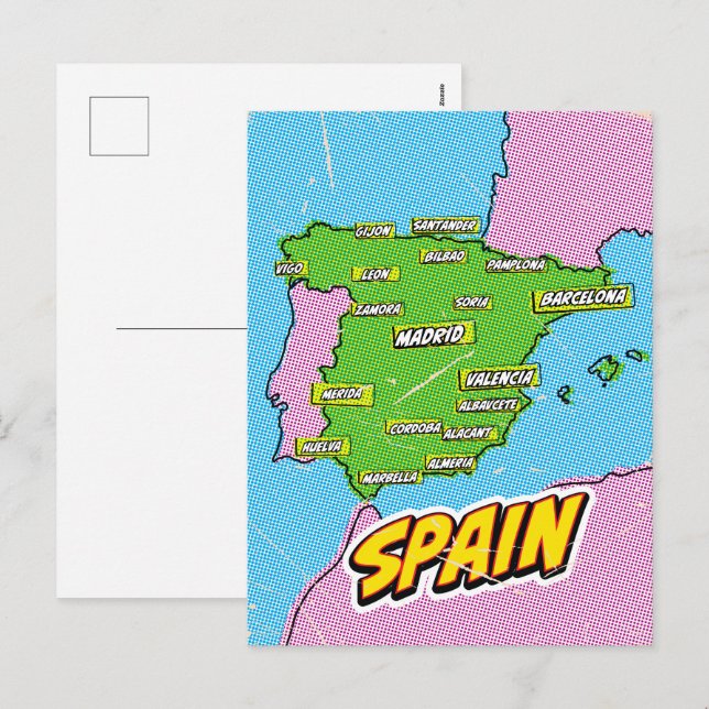 Carte illustrée d'Espagne dans le style Pop Art (Devant / Derrière)