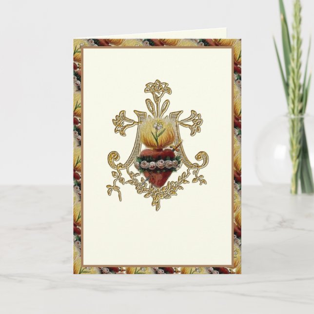 Carte Immaculé Coeur Vierge Marie Floral Monogramme (Devant)