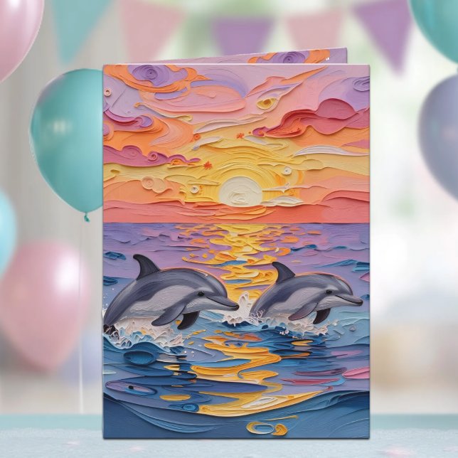 Carte Impasto Dolphins and Ocean Waves | Happy Birthday (Créateur téléchargé)