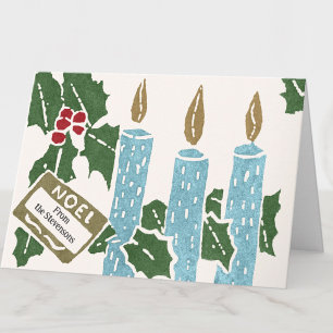 Carte Impression de Noël vintage sur linoléum Bougies Me