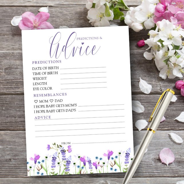 Carte imprimable de prédictions et de conseils Wil (Predictions and Advice card from my Purple Wildflower Baby Shower Collection)