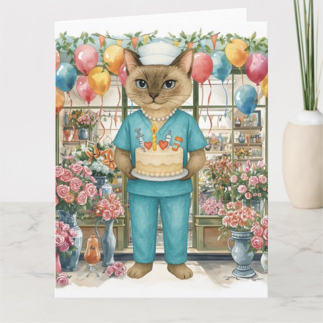 Carte Infirmière Chat Fête d'anniversaire Fleurs de gâte (Devant)