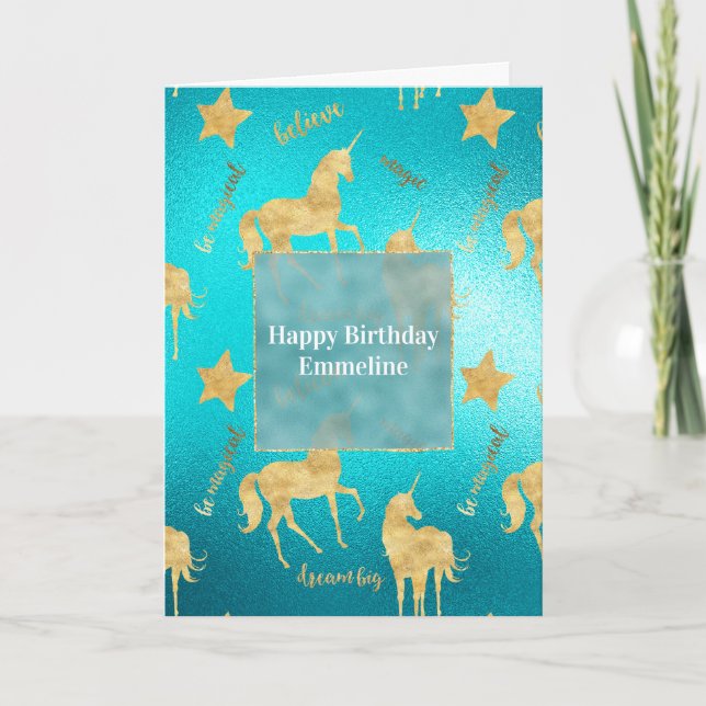 Carte Inspirationnelle Aqua Gold Unicorns Stars (Devant)