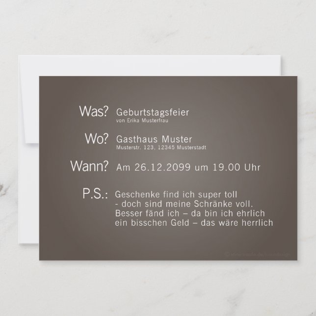 Carte invitant avec "Quoi ? Quand ? Où ? P.S. (Dos)