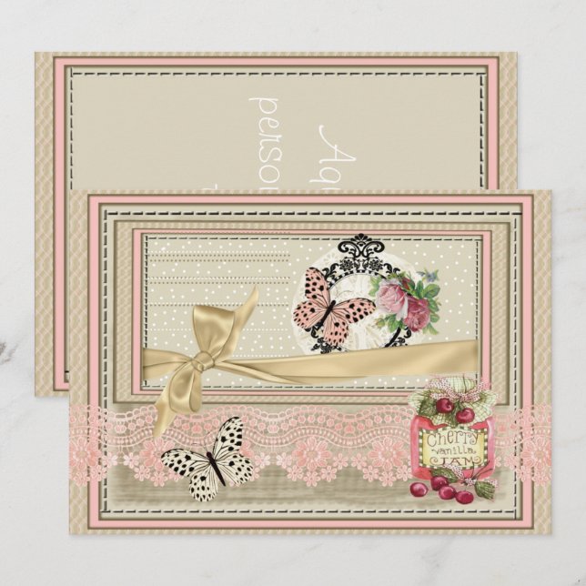 Carte invitation cerises vintage (Devant / Derrière)