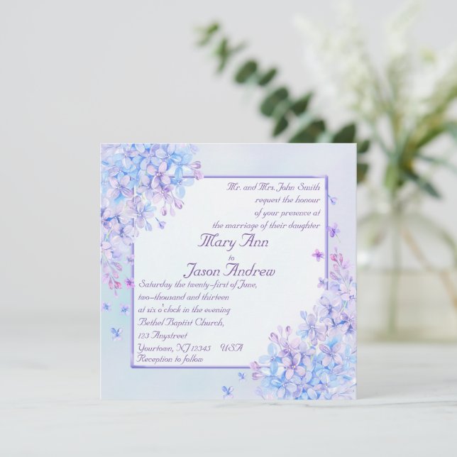 Carte Invitation couleur Aquarelle bleu violet Lil (Debout devant)